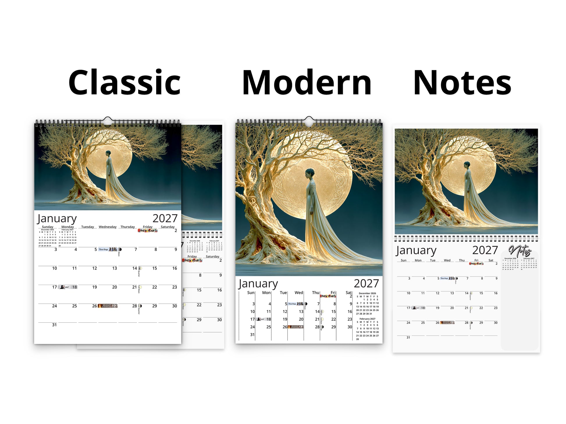 Three calendar designs labeled 'Classic', 'Modern', and 'Notes' with a common theme of a woman and tree against a moonlit sky.