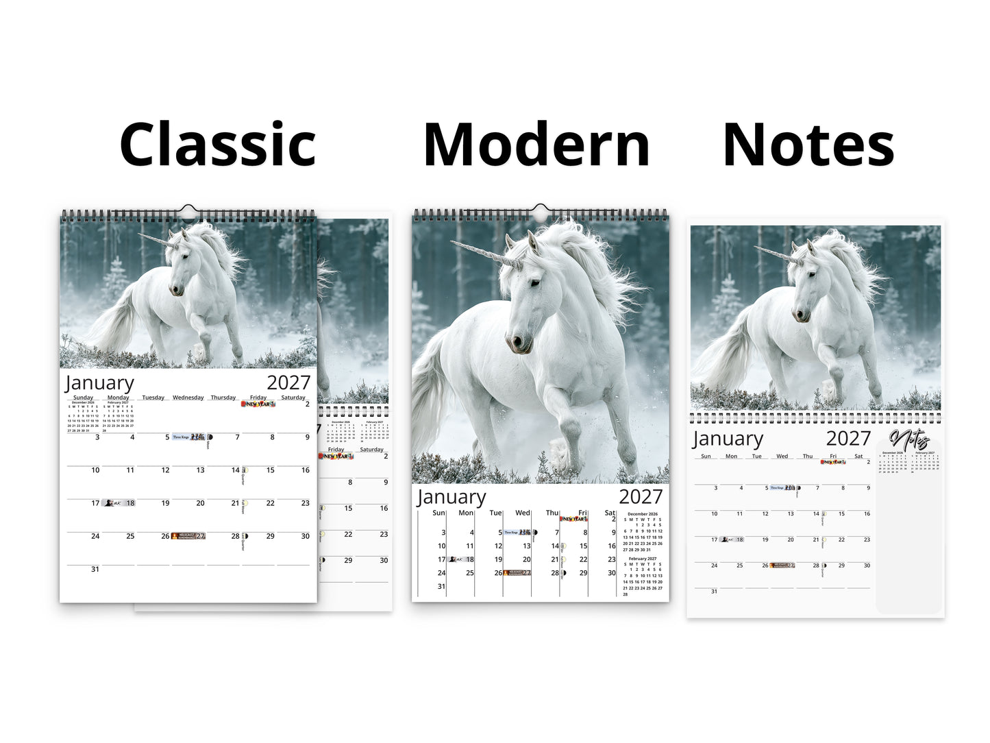 2027 Unicorn Wall Calendar by Kaleidoscope Artisan – Mystical Grace with Holidays