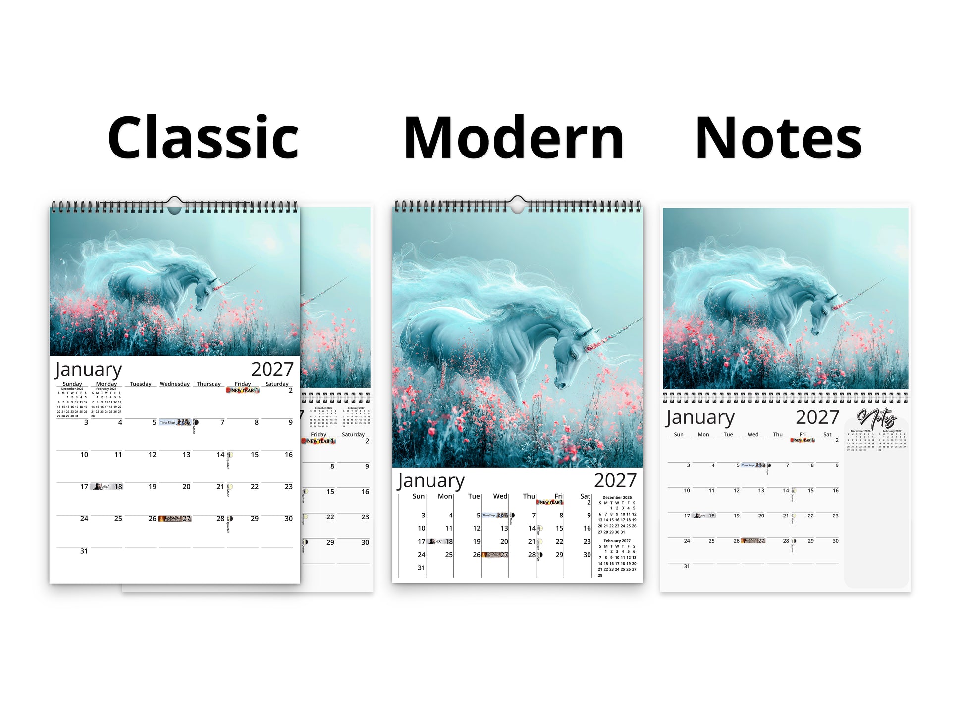 Three calendar designs labeled 'Classic', 'Modern', and 'Notes' with a bear and floral design.