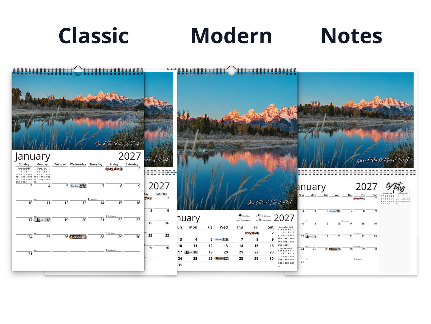 United States Vistas by Kaleidoscope Artisan - Cities and Landscapes with Holidays 2027 wall calendar calendar layout comparison