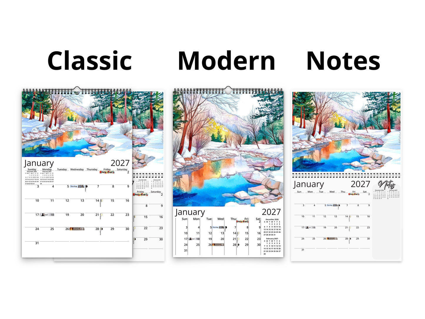 Three calendar designs labeled 'Classic', 'Modern', and 'Notes' with a winter landscape theme.