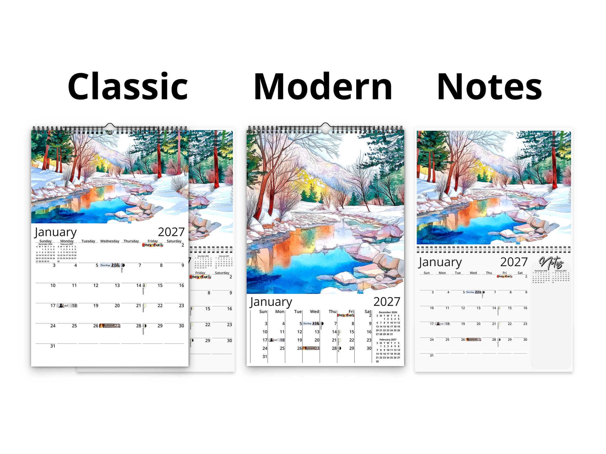 Three calendar designs labeled 'Classic', 'Modern', and 'Notes' with a winter landscape theme.