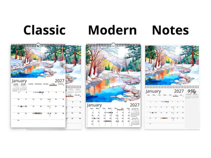 Three calendar designs labeled 'Classic', 'Modern', and 'Notes' with a winter landscape theme.