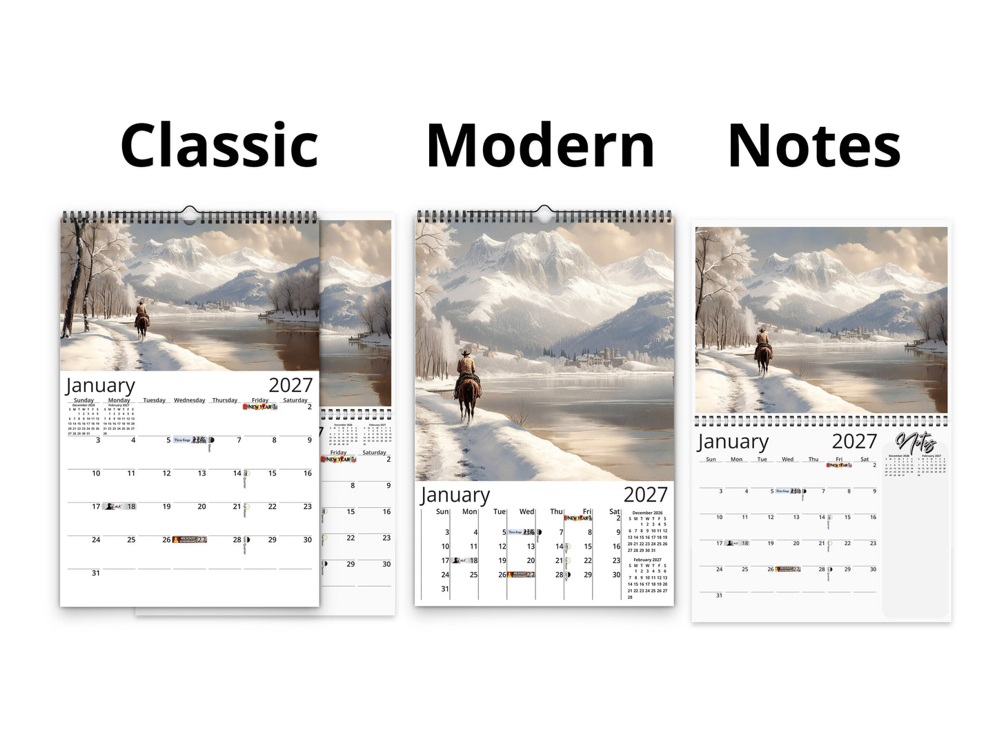 2027 Western Trails Wall Calendar by Kaleidoscope Artisan – Captivating Cowboy Landscapes with Holidays