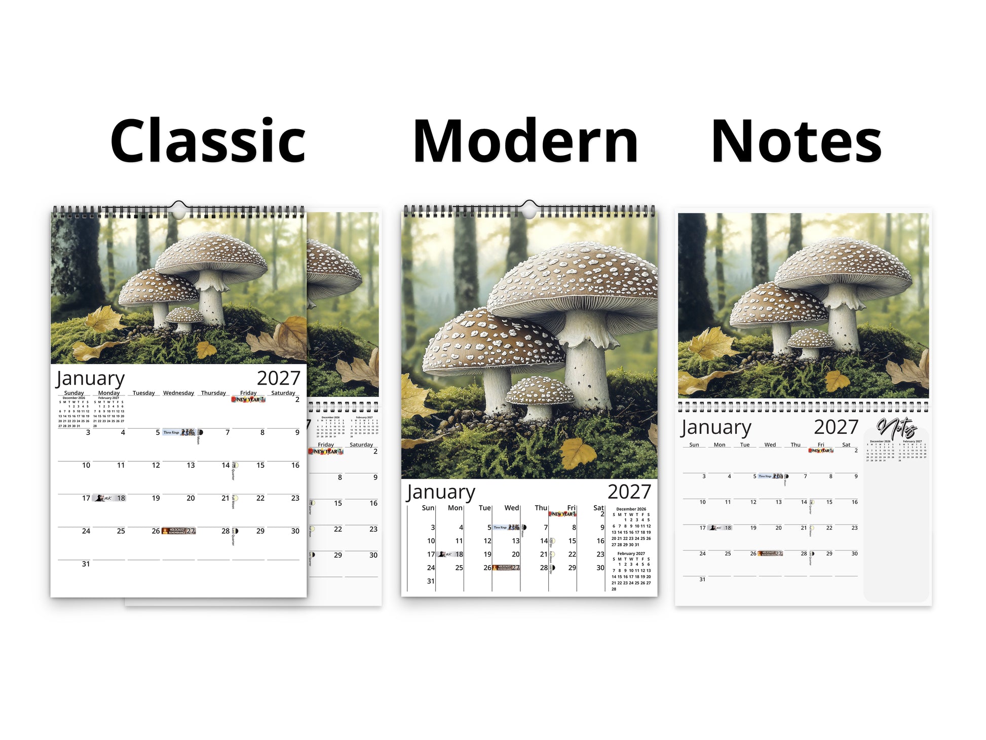 Wild Mushrooms 2027 wall calendar calendar layout comparison