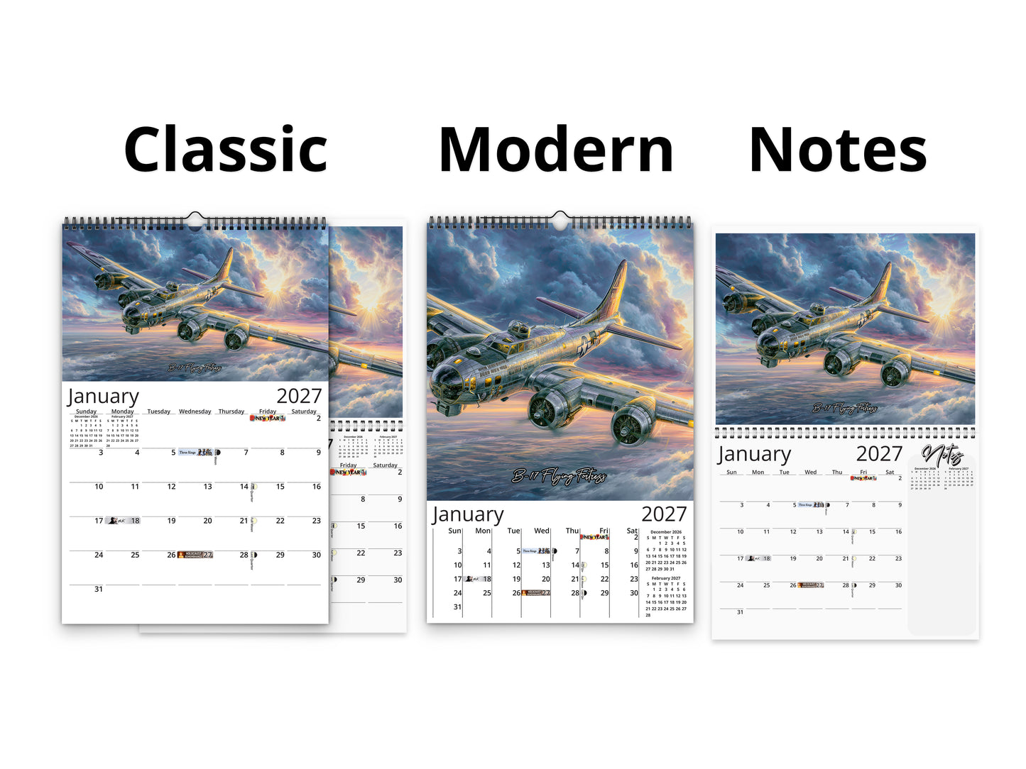 2027 WWII Wings of Valor Wall Calendar by Kaleidoscope Artisan – Legendary Aviation with Holidays