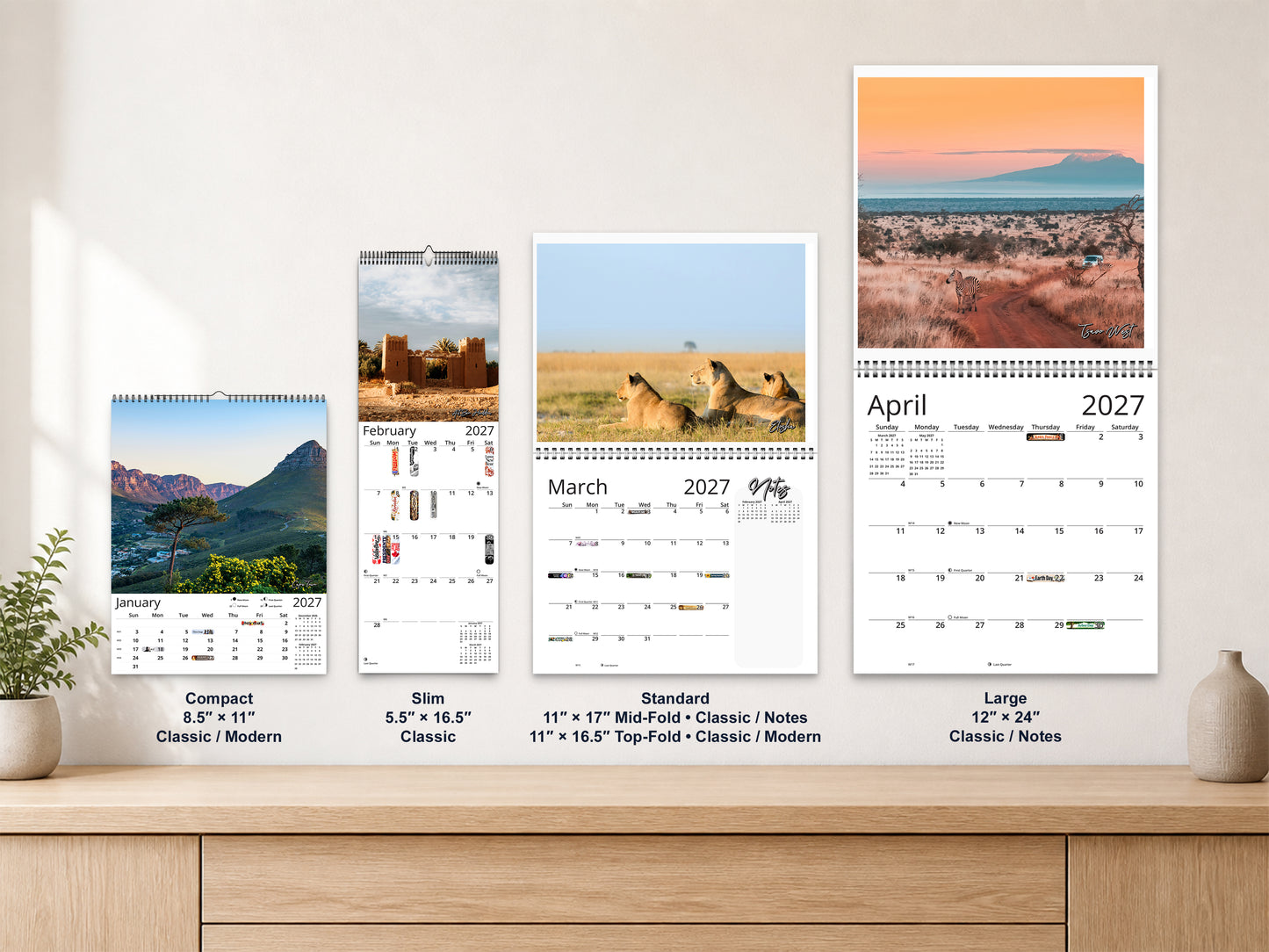 Africa Vistas by Kaleidoscope Artisan - Wildlife and Landscapes with Holidays 2027 wall calendar complete size range environment display