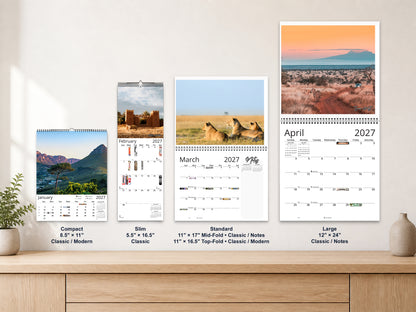 Africa Vistas by Kaleidoscope Artisan - Wildlife and Landscapes with Holidays 2027 wall calendar complete size range environment display