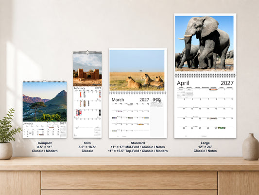 Africa Vistas Photography by Kaleidoscope Artisan - Wildlife and Landscapes with Holidays 2027 wall calendar complete size range environment display