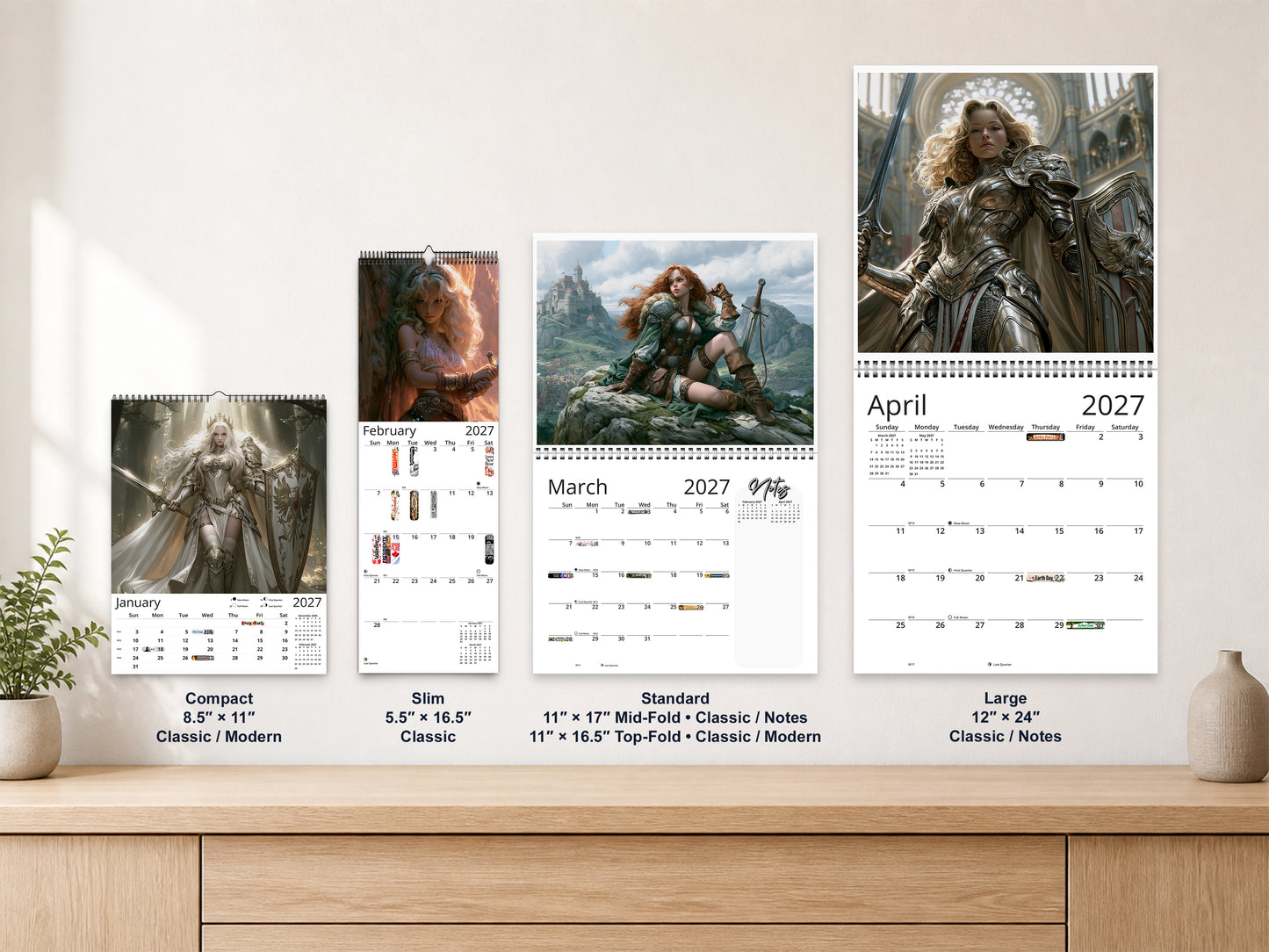 Anime Warrioress by Kaleidoscope Artisan - Mythic Guardians with Holidays 2027 wall calendar complete size range environment display