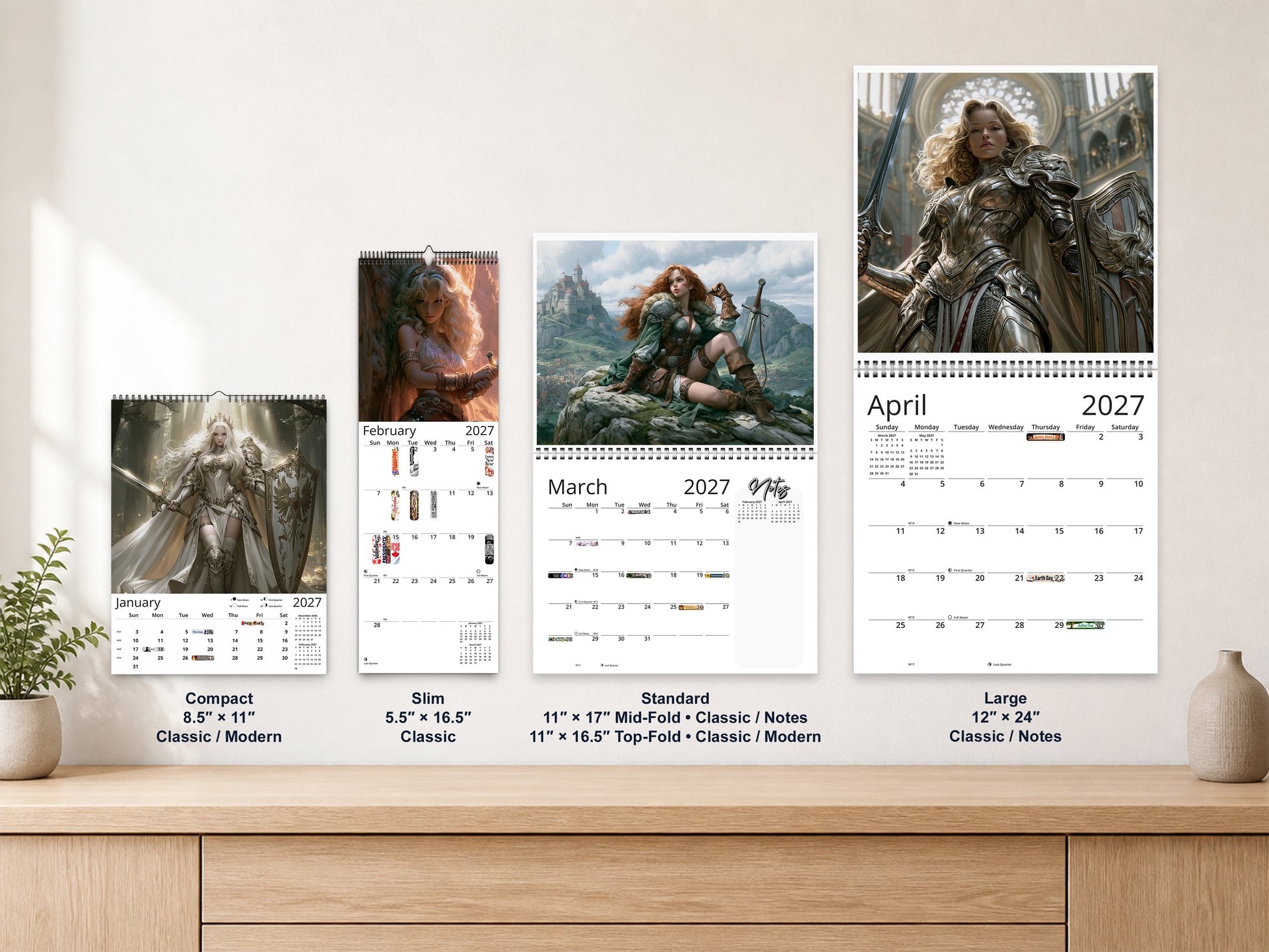 Anime Warrioress by Kaleidoscope Artisan - Mythic Guardians with Holidays 2027 wall calendar complete size range environment display