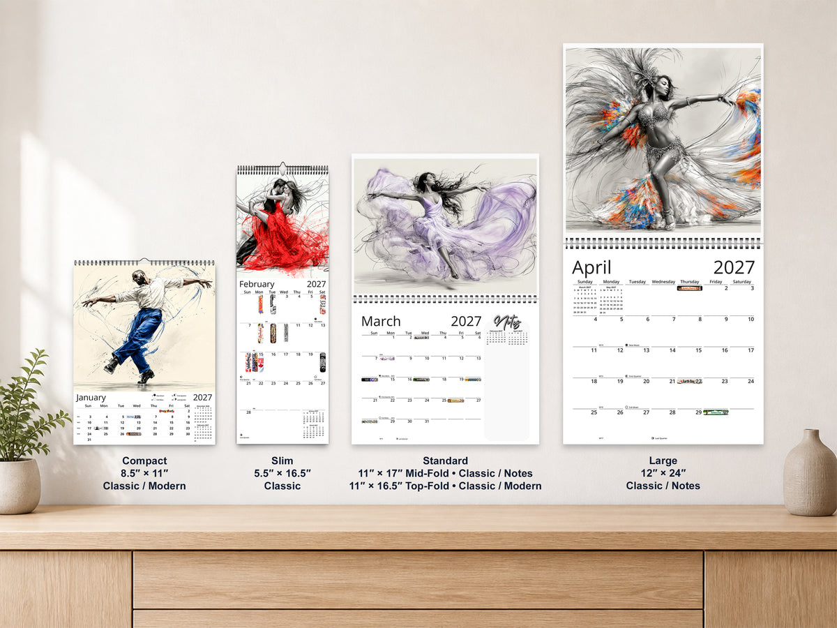 Art of Dance 2027 wall calendar complete size range environment display