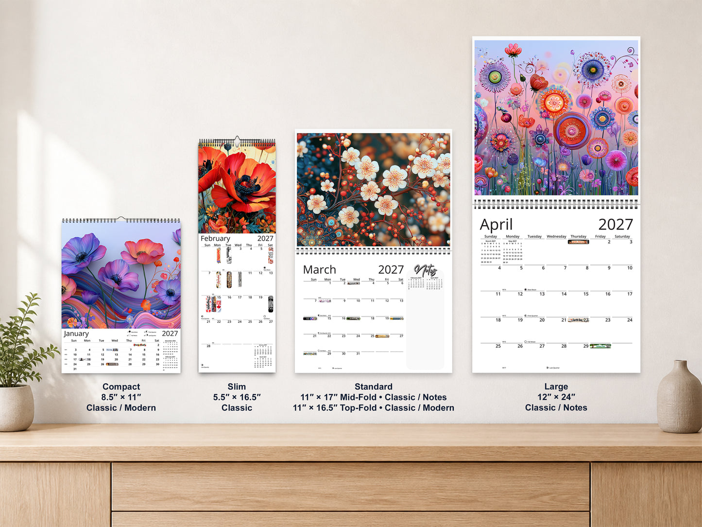 Artistic Flowers 2027 wall calendar complete size range environment display