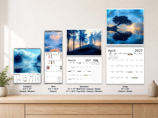 Blue Vistas 2027 wall calendar complete size range environment display
