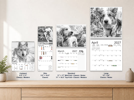 Dog Lover Sketches 2027 wall calendar complete size range environment display