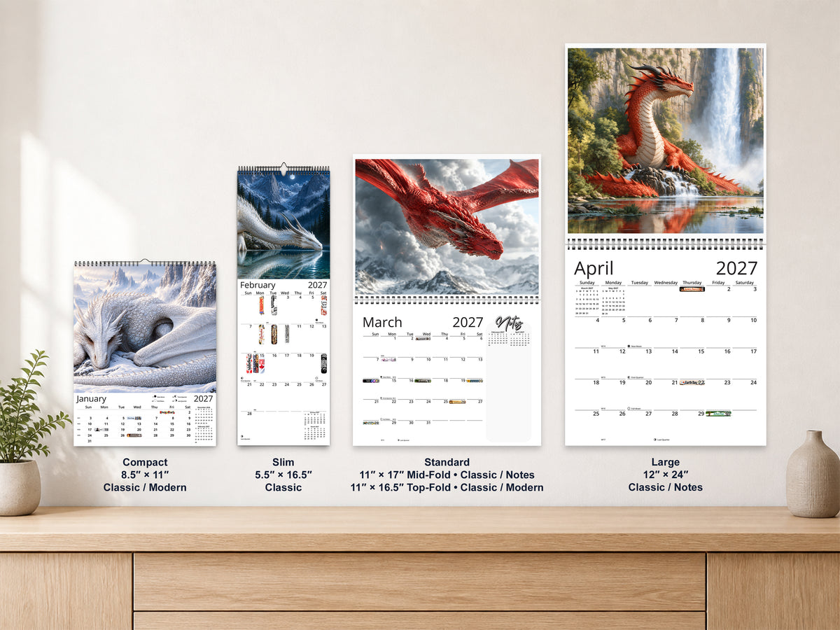 Fantasy Dragon calendars displayed on a wall in Compact, Slim, Standard, and Large sizes.