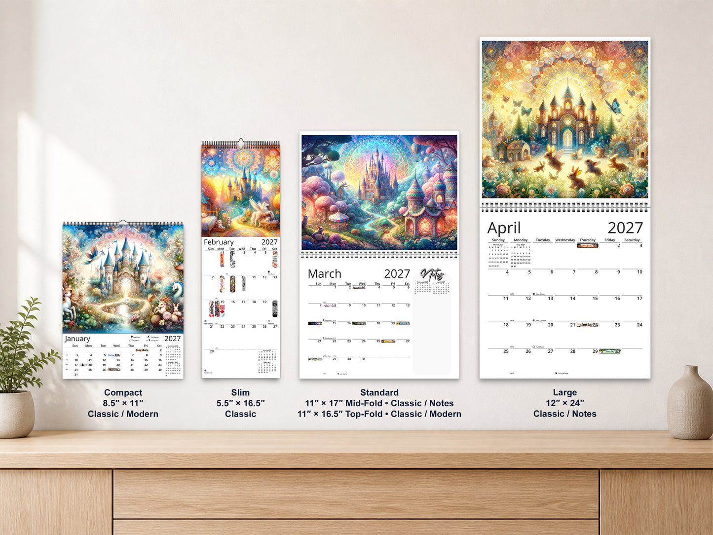 Enchanted by Kaleidoscope Artisan - Whimsical Fantasy with Holidays 2027 wall calendar complete size range environment display