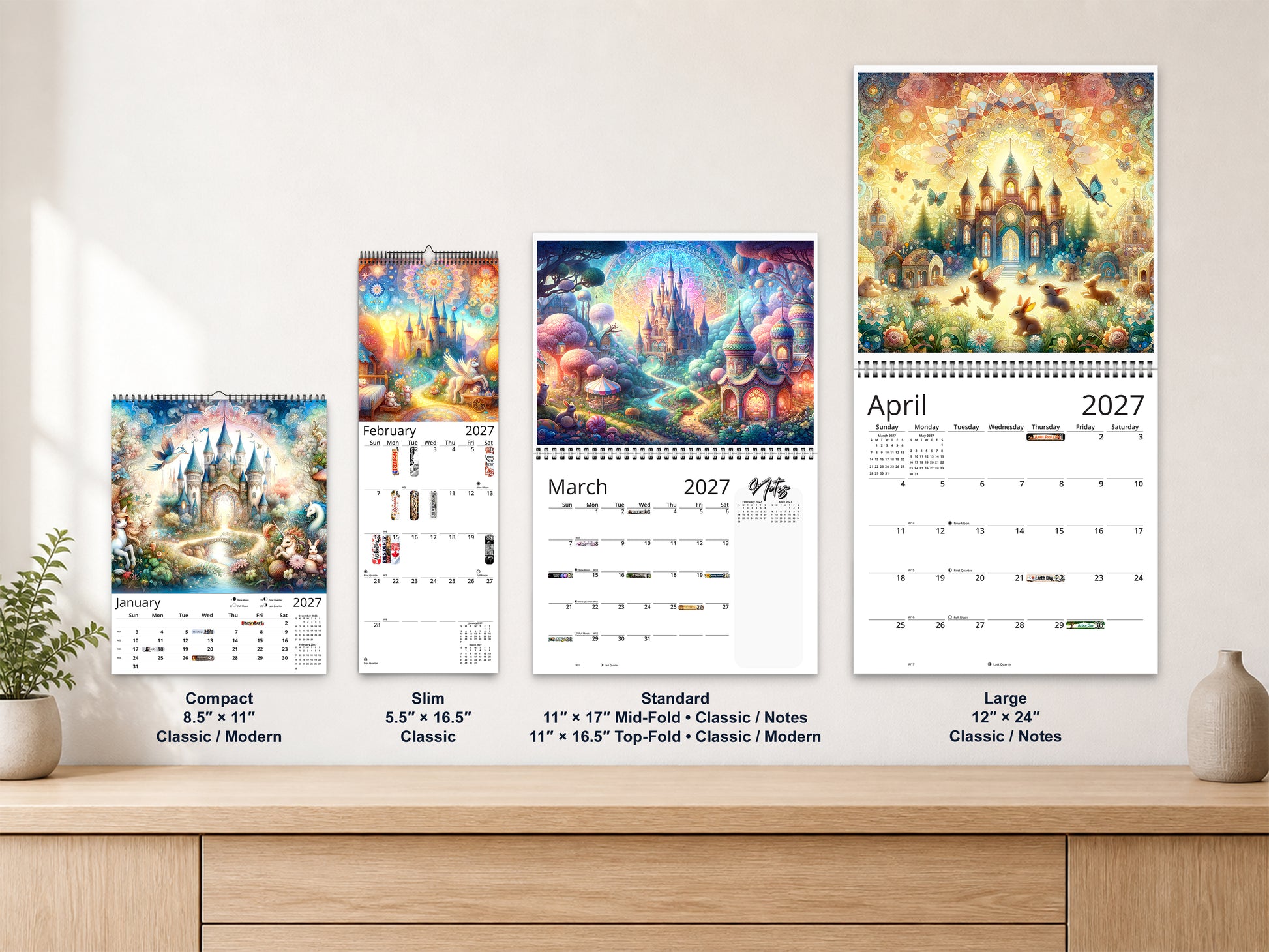 Enchanted by Kaleidoscope Artisan - Whimsical Fantasy with Holidays 2027 wall calendar complete size range environment display