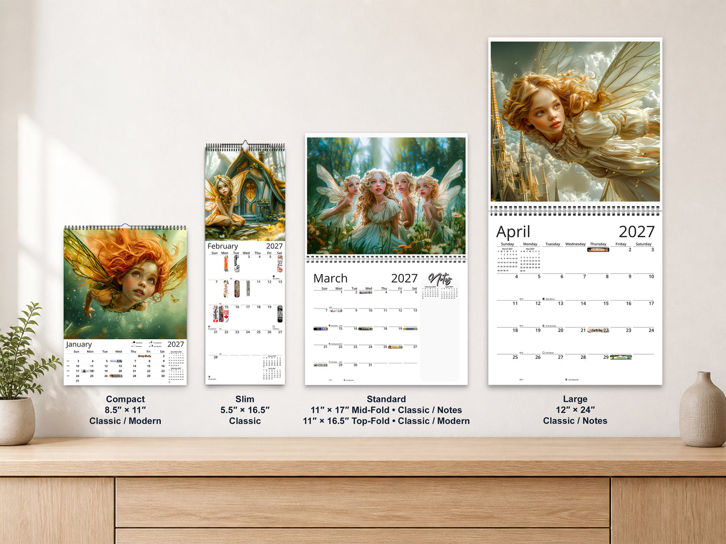 Fairy Princess 2027 wall calendar complete size range environment display