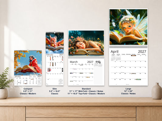 Fairytale Books 2027 wall calendar complete size range environment display