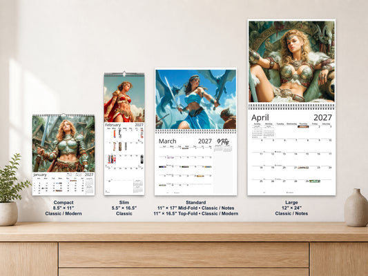 Fantasy Warrioress 2027 wall calendar complete size range environment display
