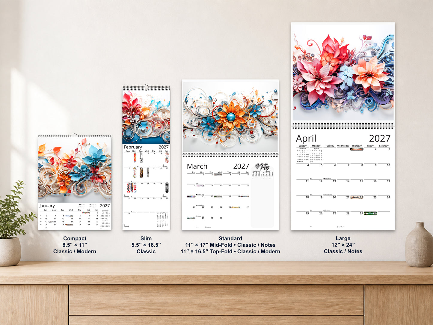 Floral Grace 2027 wall calendar complete size range environment display
