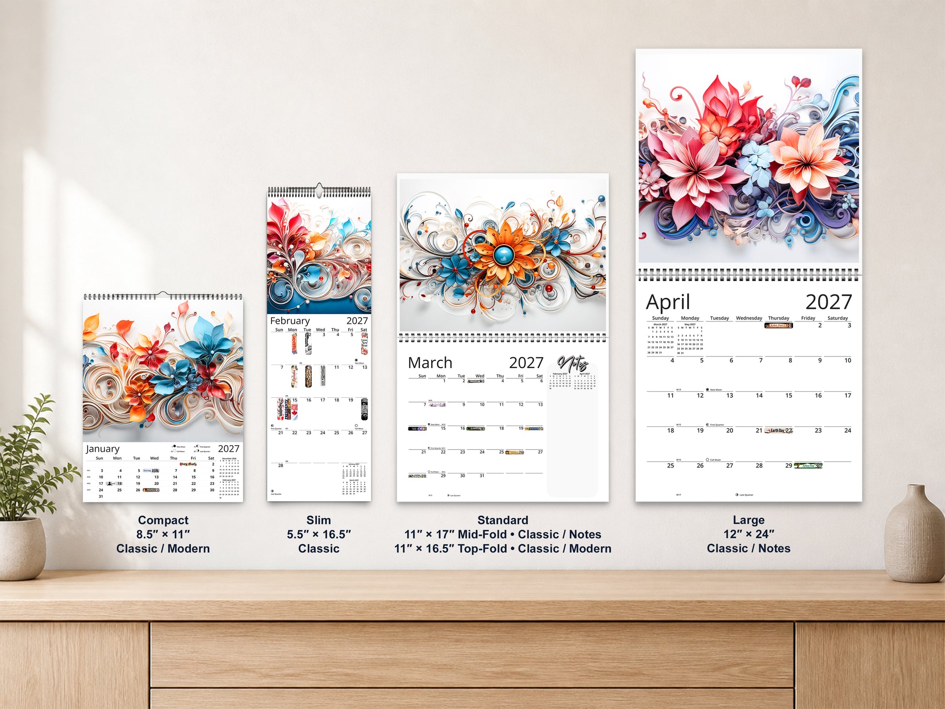 Floral Grace 2027 wall calendar complete size range environment display