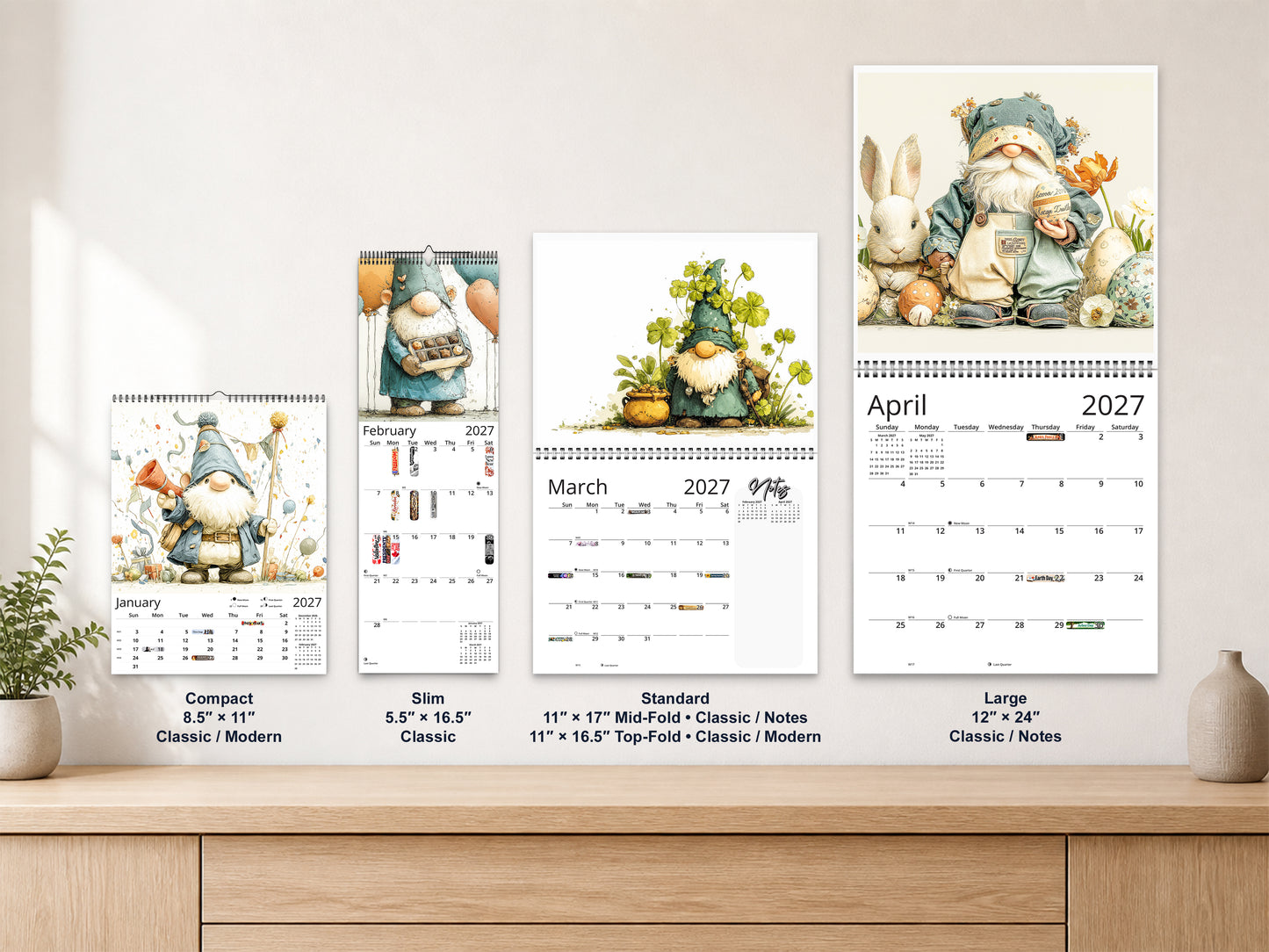 Gnome Holidays 2027 wall calendar complete size range environment display