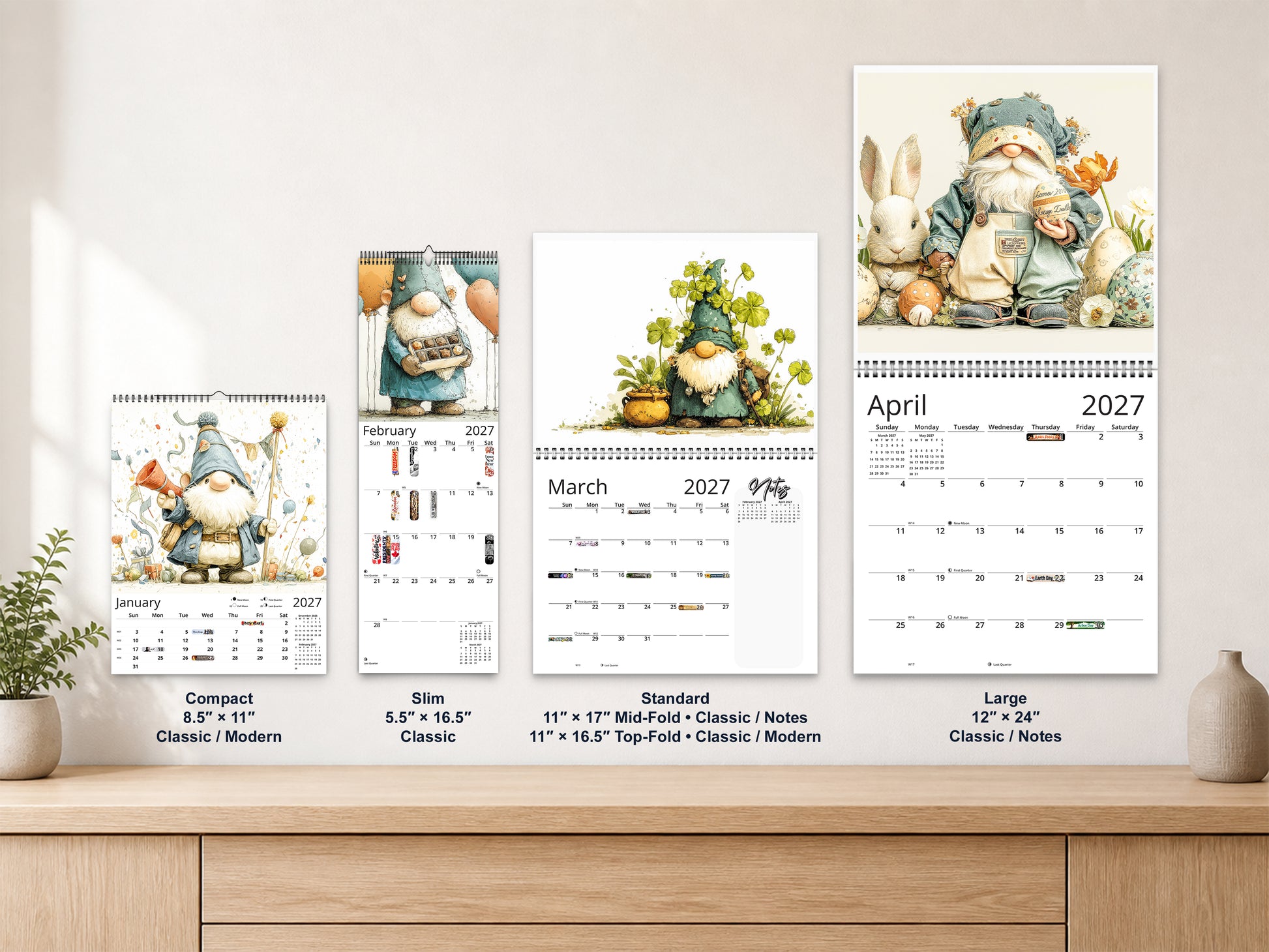Gnome Holidays 2027 wall calendar complete size range environment display