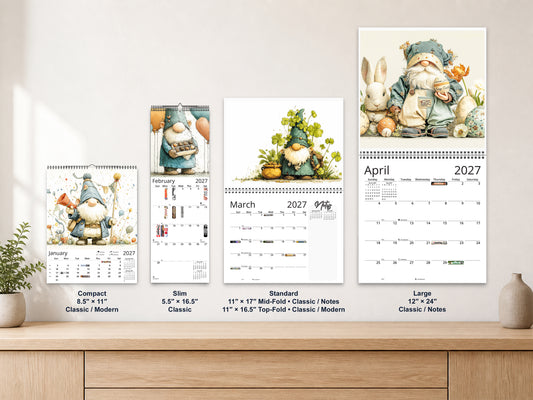 Gnome Holidays 2027 wall calendar complete size range environment display