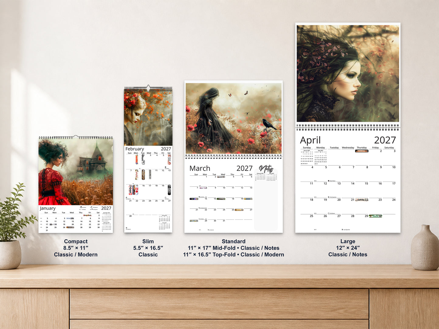 Gothic Dream 2027 wall calendar complete size range environment display