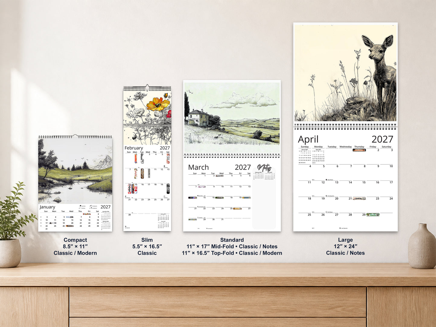 Illustrated Moments 2027 wall calendar complete size range environment display