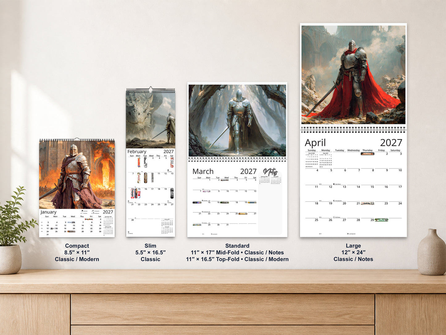 Knight’s Oath 2027 wall calendar complete size range environment display
