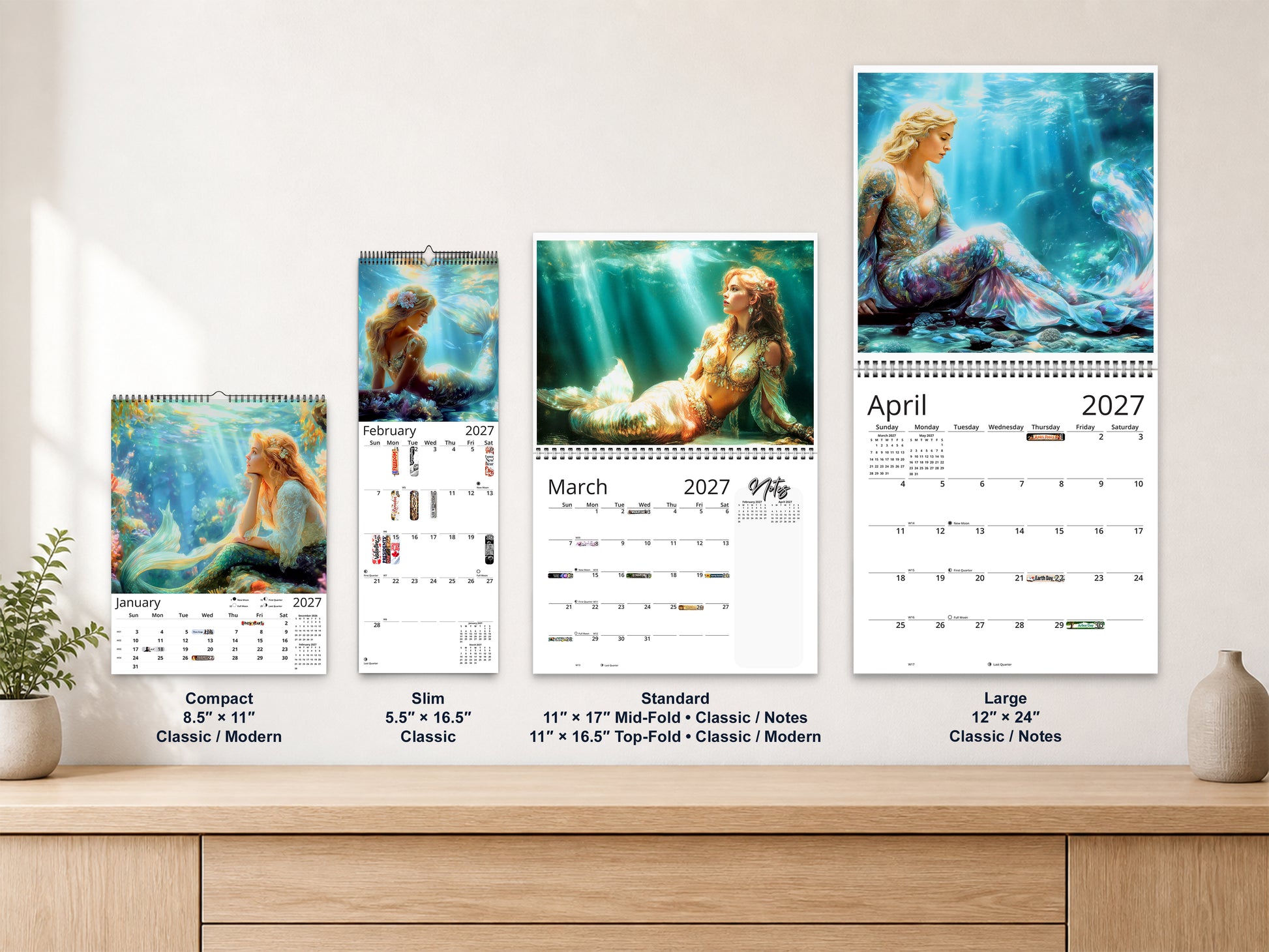 Mermaid 2027 wall calendar complete size range environment display
