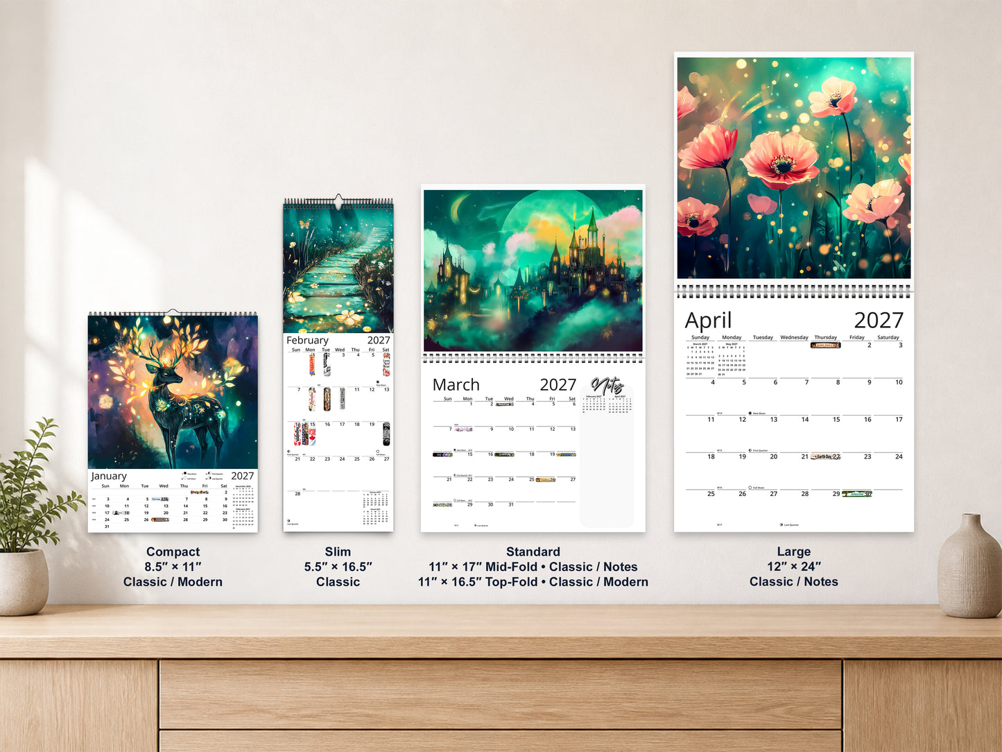Mystical Twilight 2027 wall calendar complete size range environment display