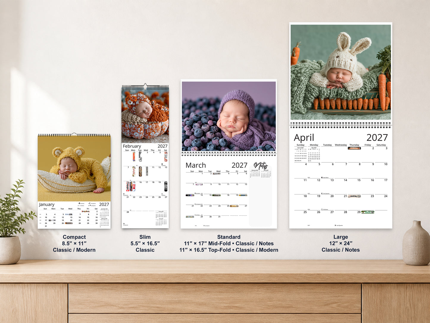 Newborn Baby 2027 wall calendar complete size range environment display