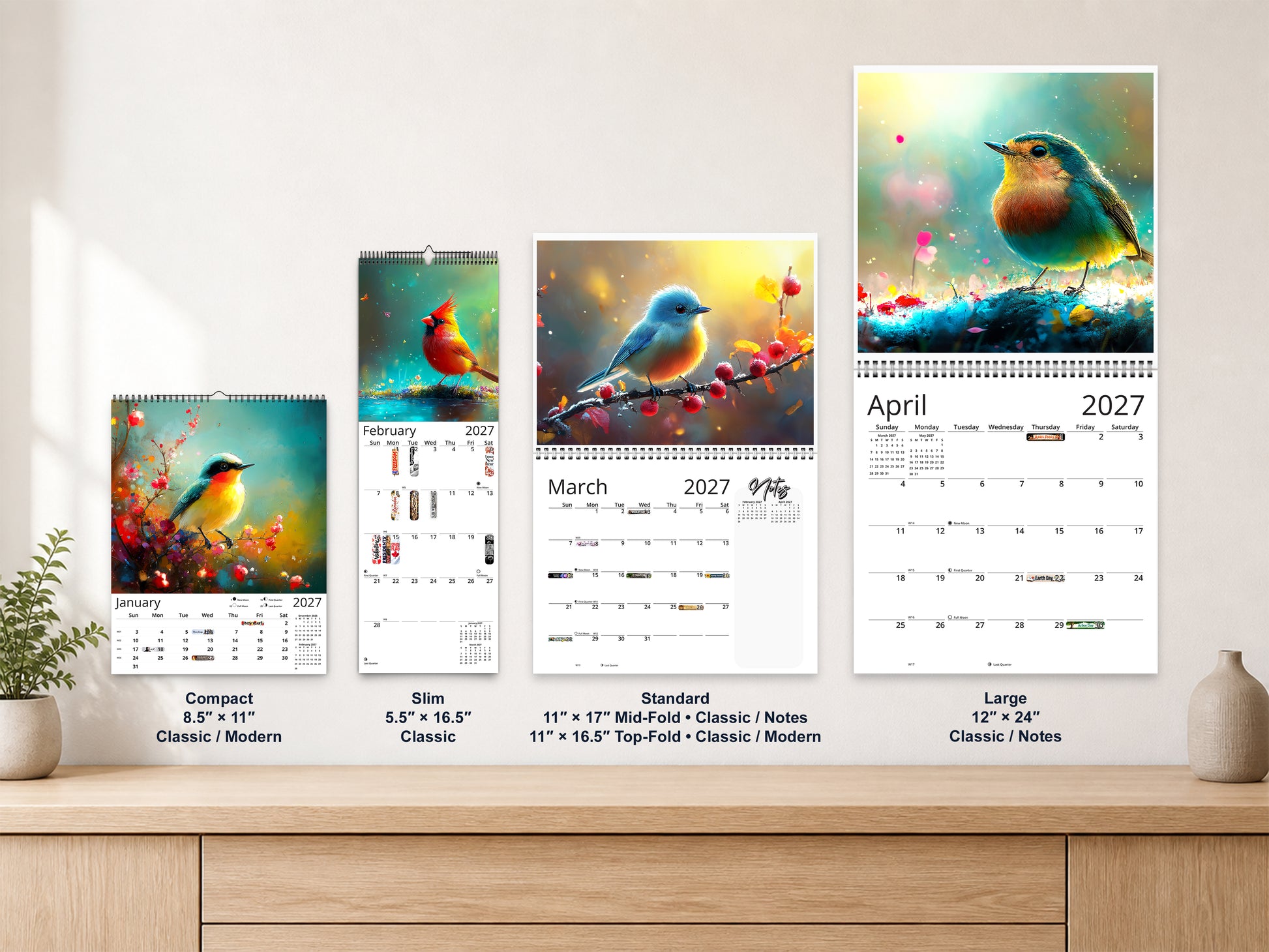 Radiant Birds 2027 wall calendar complete size range environment display