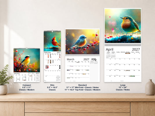 Radiant Birds 2027 wall calendar complete size range environment display