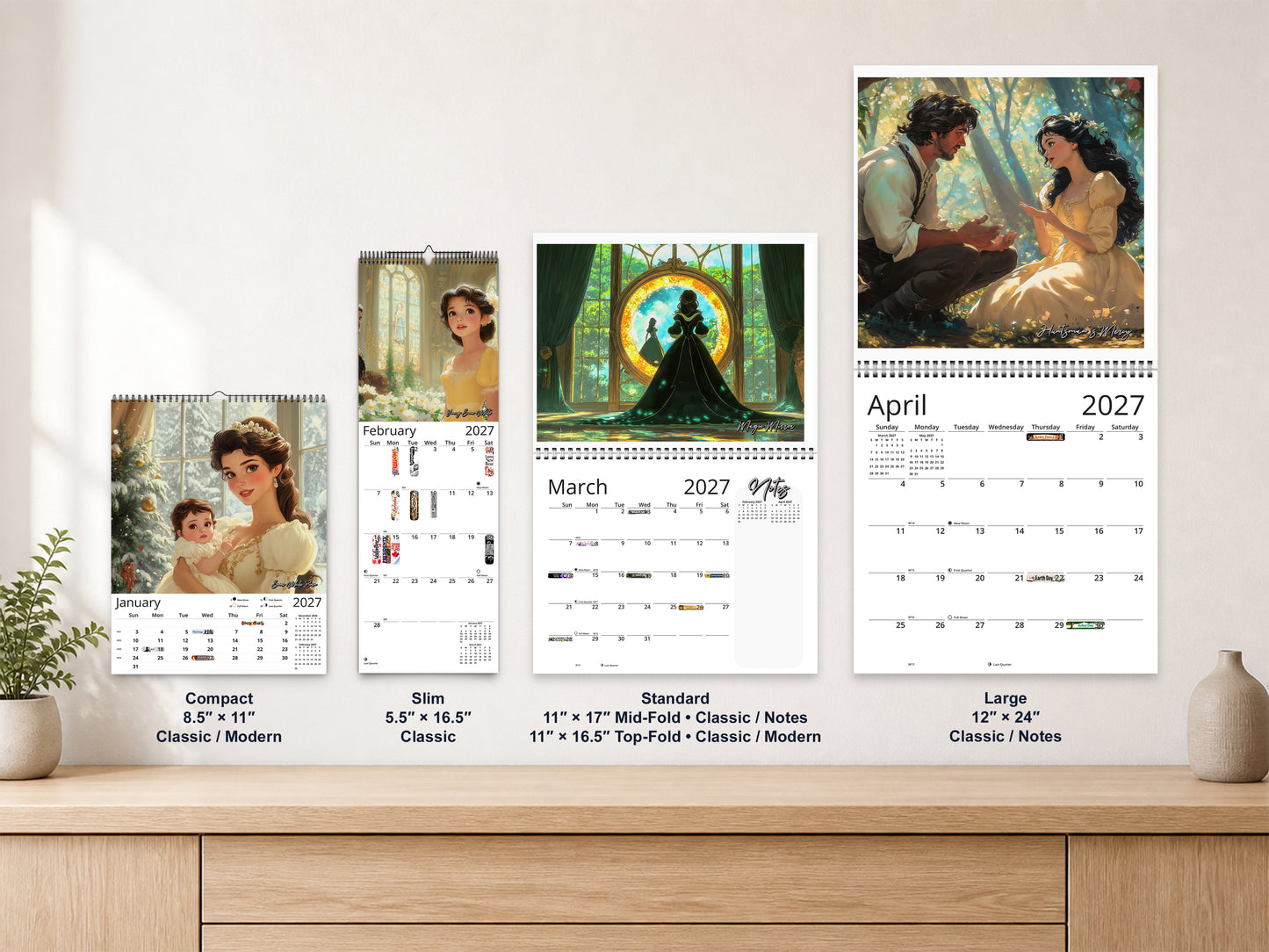 Snow White 2027 wall calendar complete size range environment display