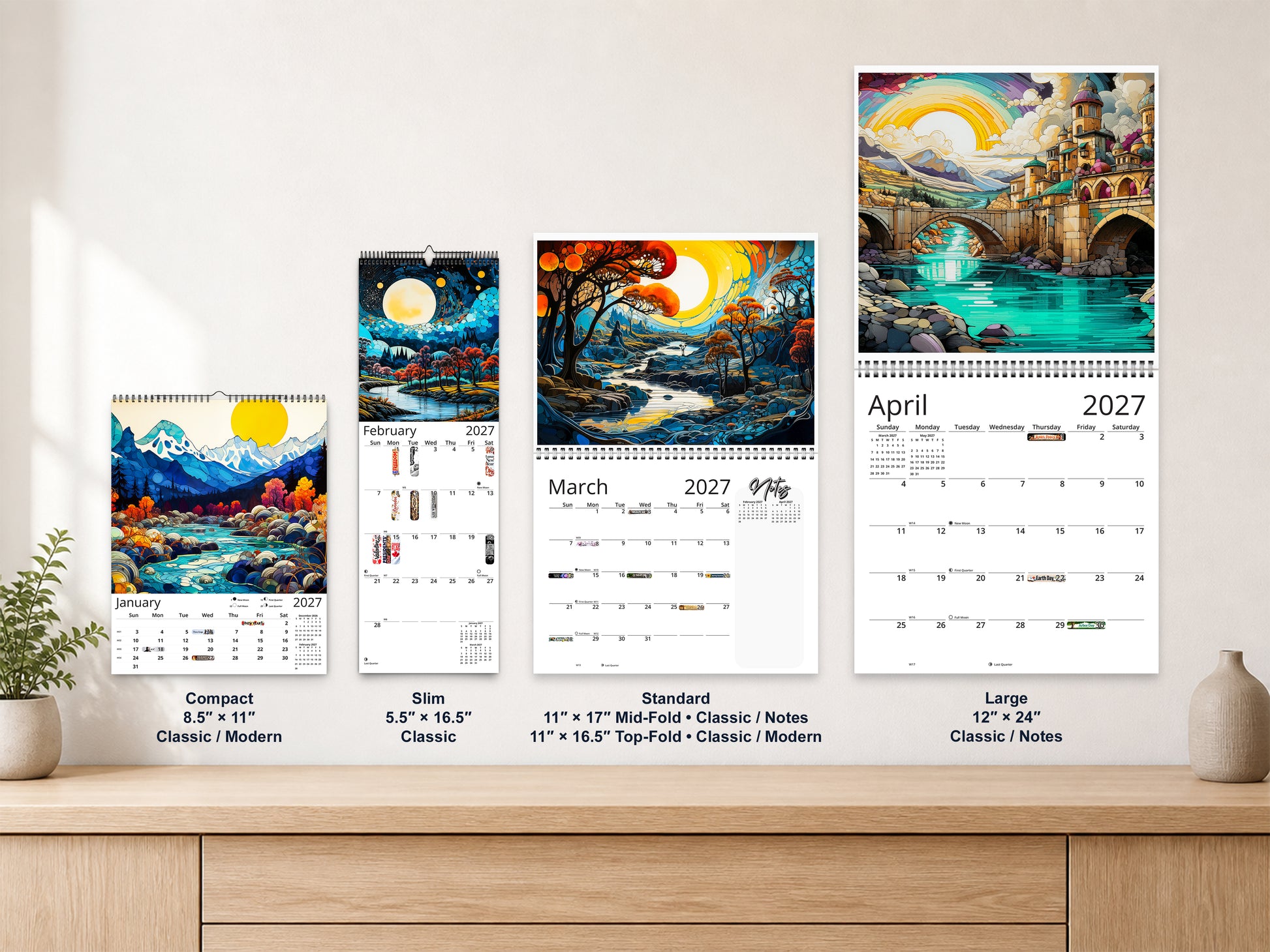 Surreal Horizons 2027 wall calendar complete size range environment display
