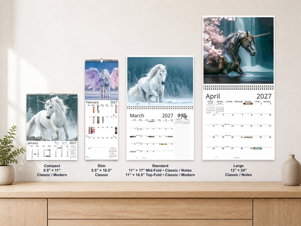 Unicorn 2027 wall calendar complete size range environment display