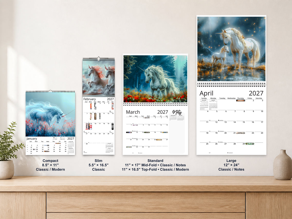 Unicorn Dream 2027 wall calendar complete size range environment display
