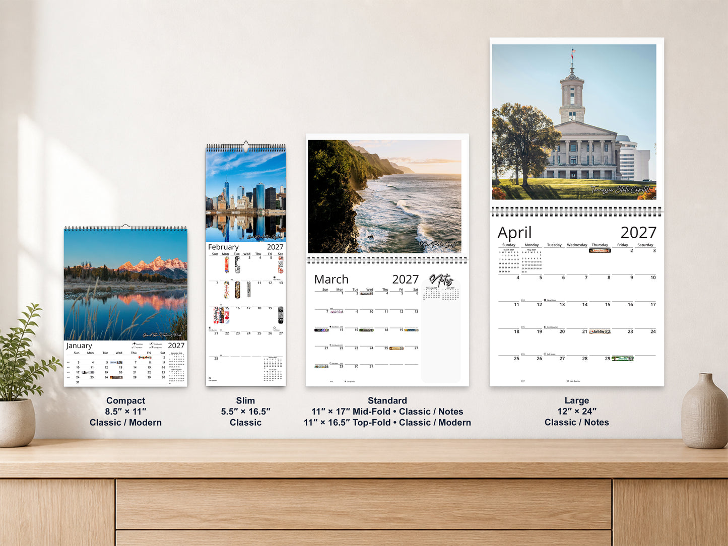 United States Vistas by Kaleidoscope Artisan - Cities and Landscapes with Holidays 2027 wall calendar complete size range environment display