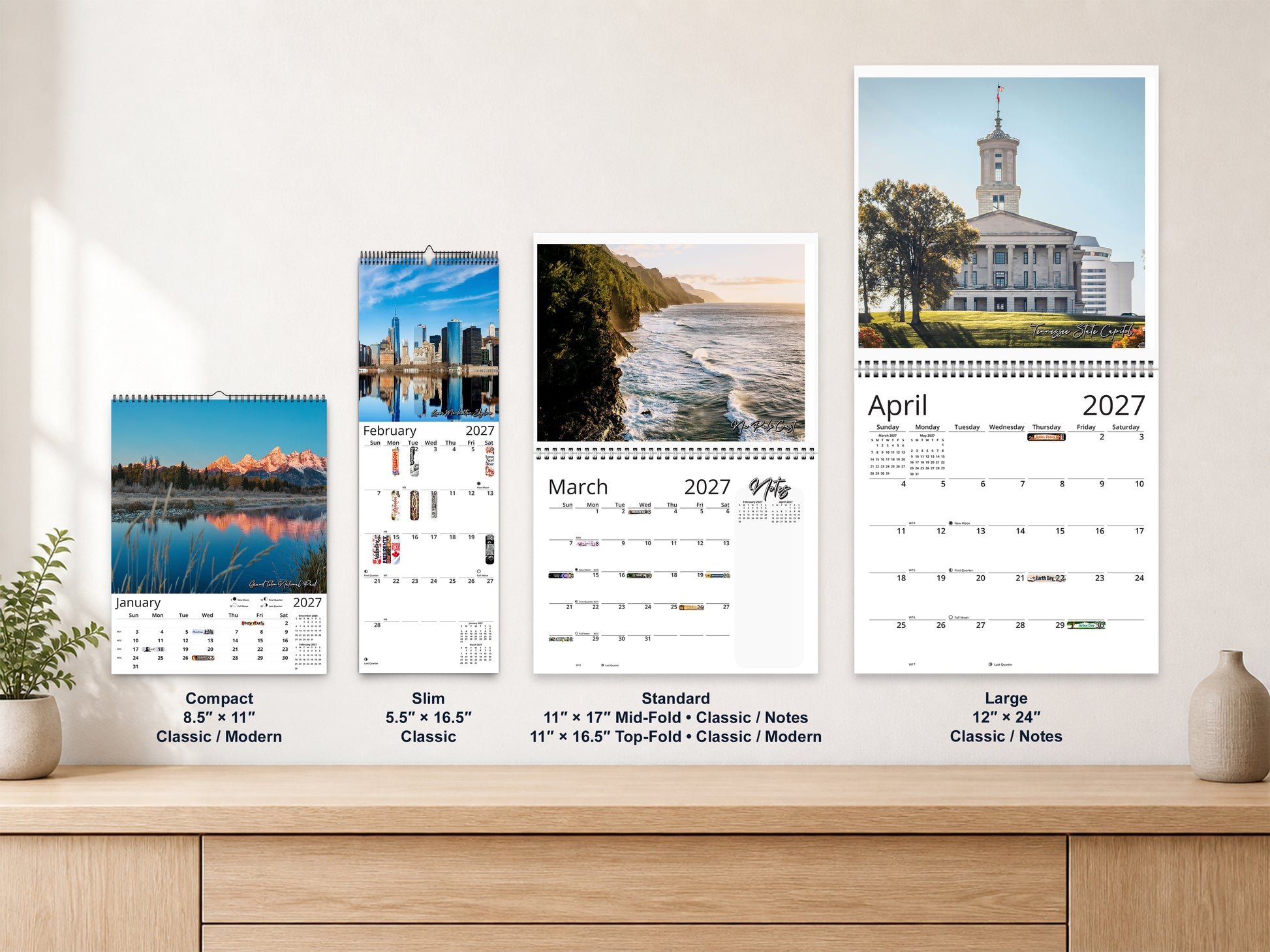 United States Vistas by Kaleidoscope Artisan - Cities and Landscapes with Holidays 2027 wall calendar complete size range environment display