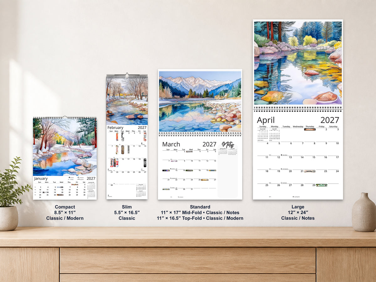 Watercolor Reflections 2027 wall calendar complete size range environment display