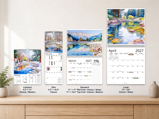 Watercolor Reflections 2027 wall calendar complete size range environment display