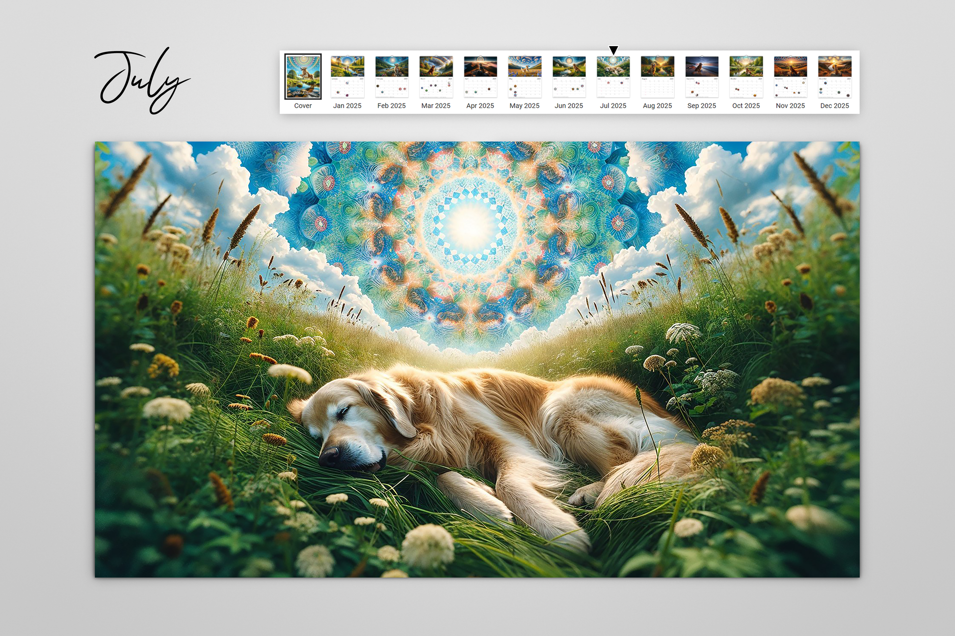 July image with a Golden Retriever sleeping in a meadow under a dreamy sky of cloud mandalas, symbolizing peace and relaxation.