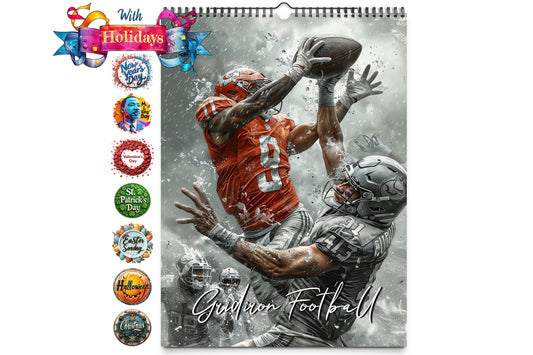 Cover image of the Gridiron Football 2025 wall calendar featuring two football players in action with 2025 holidays displayed on the left