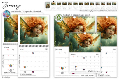 January page displaying a fairy with red hair and golden wings against a magical background, shown in both horizontal and vertical formats with holiday icons