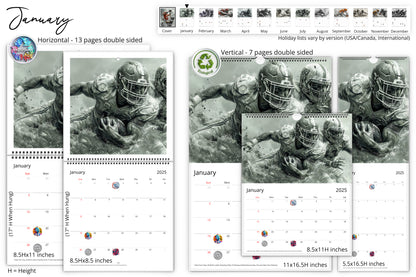 January calendar page displaying football players running with the ball in a dynamic action scene, available in horizontal and vertical formats